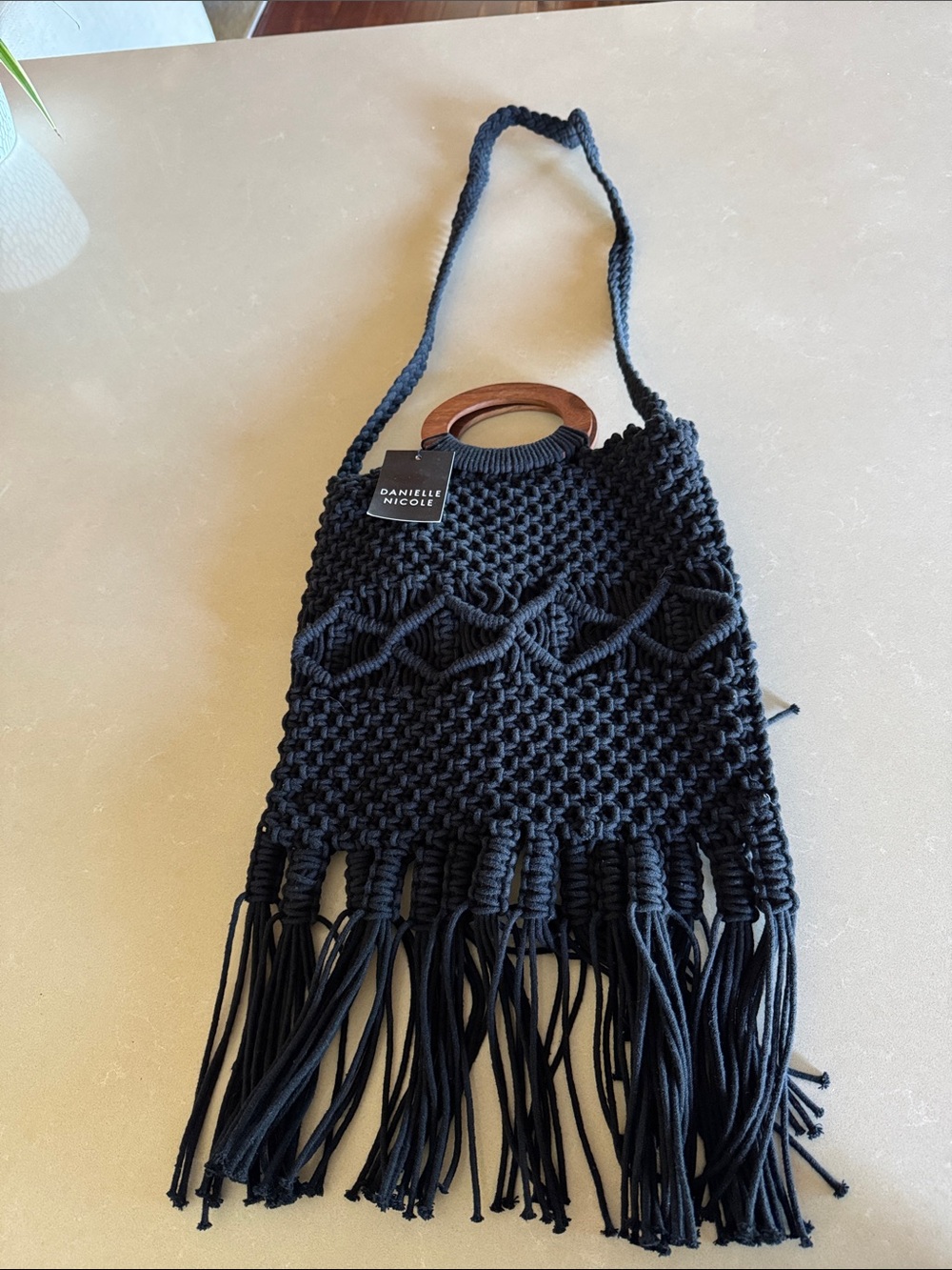 NWT Danielle Nicole Black Macramé Fringe Shoulder Bag with Wooden Handles
